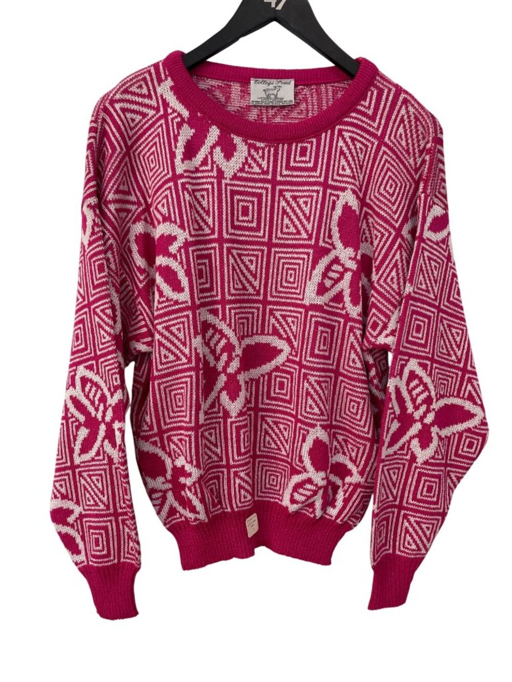 Vintage College Point Sweater Large Floral Crewneck Pink Knitwear Deadstock NEW